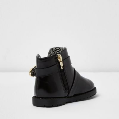 Mini girls black patent double buckle boots